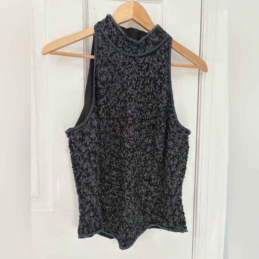 Adrianna Papell Boutique Evening Black Silk Beaded Sleeveless Top Size Large EUC